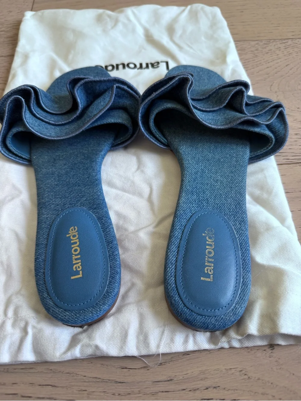 Larroudé Ivy Ruffle Flat Mule Sandal In Blue Denim Size 8.5